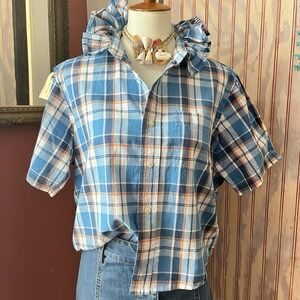Upcycled Re-worked Preppy New Ivy Teal Coral Madras Ruffle Collar Crop Shirt M/L